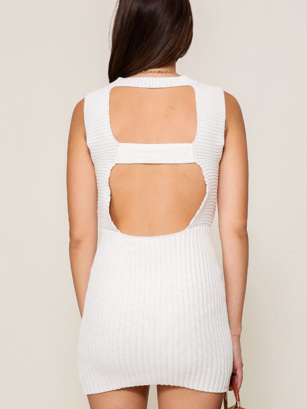 LUMIERE White 100% Cotton Knit Mini Dress Open Back Sleeveless Bodycon Textured - Picture 3 of 10
